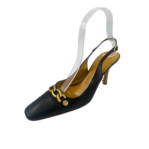 St. John Collection Italian black slingback high heels w/gold chain accents Sz 7 - Picture 4 of 16